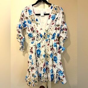 NWT - Floral V-Neck Dress with Blue Accents